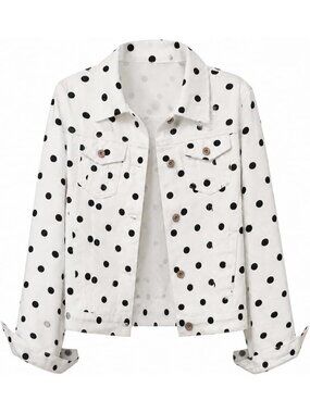 〽️White Polka Dot Women's Ripped Jean Jacket Cropped Distressed Denim Coat